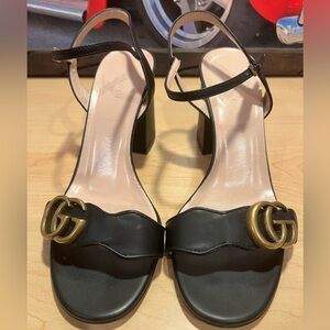 Gucci Marmont GG Leather Block Heel Ankle Strap Sandals Shoes Black